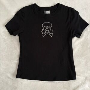 Black T-Shirt with Rhinestone Skull Design